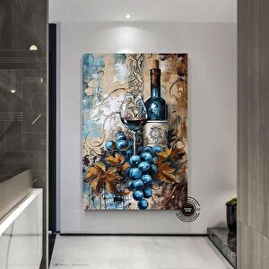 Şarap Şişesi Ve Kadeh Kanvas Duvar Sanatı; Asmaya Hazır Ev Dekoru