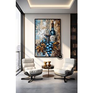 Şarap Şişesi Ve Kadeh Kanvas Duvar Sanatı; Asmaya Hazır Ev Dekoru 70x150 cm