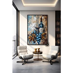 Şarap Şişesi Ve Kadeh Kanvas Duvar Sanatı; Asmaya Hazır Ev Dekoru 140x200 cm