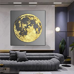 Dolunay Kanvas Tablosu, Soyut Ay, Altın Ay Kanvas Baskısı, Ay Temalı Ev Dekoru 100x100 cm