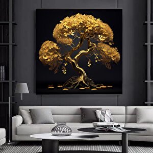 Altın Ağaç – Lüks Soyut Kanvas Duvar Sanatı Baskısı, Oturma Odası Veya Ev Dekoru İçin 100x100 cm