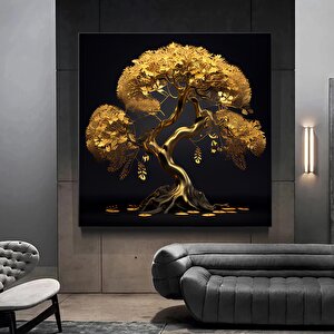 Altın Ağaç – Lüks Soyut Kanvas Duvar Sanatı Baskısı, Oturma Odası Veya Ev Dekoru İçin 100x100 cm