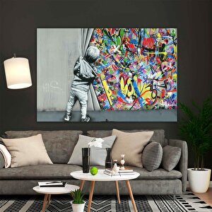 Perde Arkası Banksy Stili Kanvas; Sokak Graffiti Posteri; Modern Ev Dekoru 70x150 cm