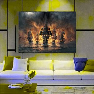 Vintage Korsan Gemisi Kanvas Baskı; Siyah Yelkenli; Deniz Manzarası; Ev Dekoru