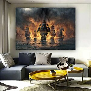 Vintage Korsan Gemisi Kanvas Baskı; Siyah Yelkenli; Deniz Manzarası; Ev Dekoru