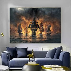 Vintage Korsan Gemisi Kanvas Baskı; Siyah Yelkenli; Deniz Manzarası; Ev Dekoru 90x150 cm