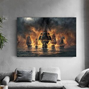 Vintage Korsan Gemisi Kanvas Baskı; Siyah Yelkenli; Deniz Manzarası; Ev Dekoru 90x150 cm