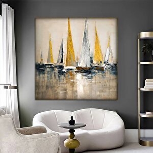 Yat Kanvası, Altın Gemi Resmi, Soyut Yelkenli Duvar Tablosu, Simli Dokulu Sanat 80x80 cm