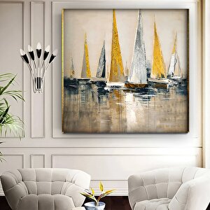 Yat Kanvası, Altın Gemi Resmi, Soyut Yelkenli Duvar Tablosu, Simli Dokulu Sanat 80x80 cm
