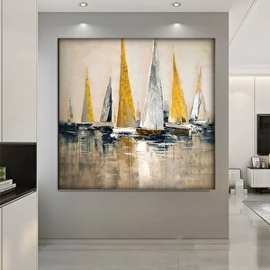 Yat Kanvası, Altın Gemi Resmi, Soyut Yelkenli Duvar Tablosu, Simli Dokulu Sanat