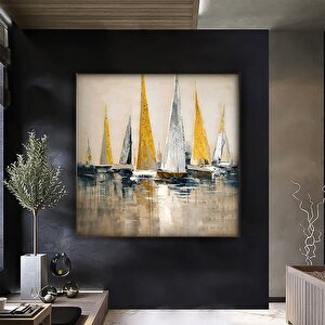 Yat Kanvası, Altın Gemi Resmi, Soyut Yelkenli Duvar Tablosu, Simli Dokulu Sanat