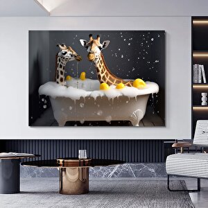 Küvette Zürafa, Komik Hayvan Tablosu, Renkli Bebek Zürafa Portresi, Ev Dekoru 150x250 cm