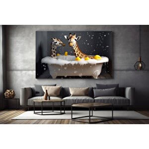Küvette Zürafa, Komik Hayvan Tablosu, Renkli Bebek Zürafa Portresi, Ev Dekoru