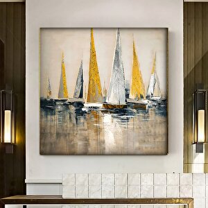 Yat Kanvası, Altın Gemi Resmi, Soyut Yelkenli Duvar Tablosu, Simli Dokulu Sanat 70x70 cm