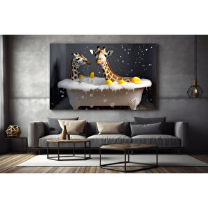 Küvette Zürafa, Komik Hayvan Tablosu, Renkli Bebek Zürafa Portresi, Ev Dekoru