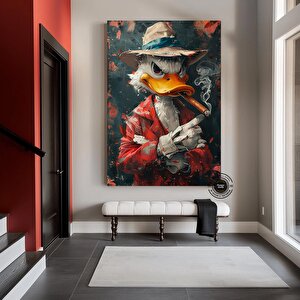 Tütün İçen Ördek Antika Portresi, Mizahi Ve Farklı Ev Dekoru, Renkli Vintage Sanat 90x180 cm