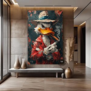 Tütün İçen Ördek Antika Portresi, Mizahi Ve Farklı Ev Dekoru, Renkli Vintage Sanat 80x160 cm