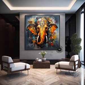 Çok Renkli Ganeşa Soyut Tablo – Büyük Ganpati Kanvas, Hint Ev Dekoru 120x120 cm