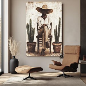 Minimal Afrikalı Kadın Portresi | Modern Kaktüs Sanatı | Siyah Duvar Dekoru | Boho Afro Kanvas