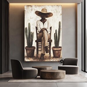 Minimal Afrikalı Kadın Portresi | Modern Kaktüs Sanatı | Siyah Duvar Dekoru | Boho Afro Kanvas 70x150 cm