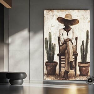 Minimal Afrikalı Kadın Portresi | Modern Kaktüs Sanatı | Siyah Duvar Dekoru | Boho Afro Kanvas 70x100 cm