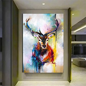Renkli Geyik Resmi; Suluboya Görünümlü Sanat; Geyik Baskısı; Geyik Portre Tablosu; Hayvan Ev Dekoru; 100x150 cm
