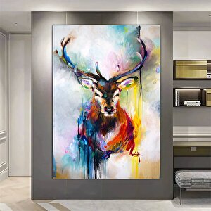 Renkli Geyik Resmi; Suluboya Görünümlü Sanat; Geyik Baskısı; Geyik Portre Tablosu; Hayvan Ev Dekoru; 100x150 cm