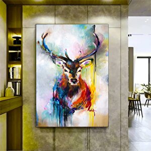 Renkli Geyik Resmi; Suluboya Görünümlü Sanat; Geyik Baskısı; Geyik Portre Tablosu; Hayvan Ev Dekoru; 100x150 cm