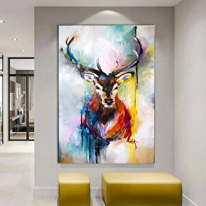 Renkli Geyik Resmi; Suluboya Görünümlü Sanat; Geyik Baskısı; Geyik Portre Tablosu; Hayvan Ev Dekoru;