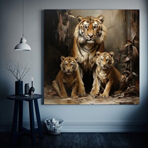 Anne Ve Yavru Kaplanlar Kanvas Duvar Sanatı; Kaplan Hayvan Baskısı; Ev Dekoru; Hayvan Sanatı 80x80 cm