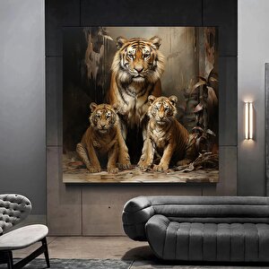 Anne Ve Yavru Kaplanlar Kanvas Duvar Sanatı; Kaplan Hayvan Baskısı; Ev Dekoru; Hayvan Sanatı 50x50 cm