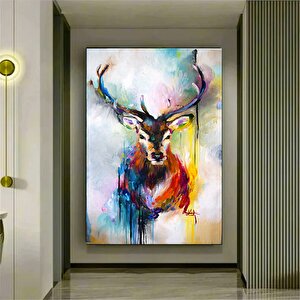 Renkli Geyik Resmi; Suluboya Görünümlü Sanat; Geyik Baskısı; Geyik Portre Tablosu; Hayvan Ev Dekoru;