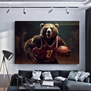 Basketbolcu Pozundaki Ayı Kanvas Baskısı, Ayı Duvar Tablosu 50x70 cm