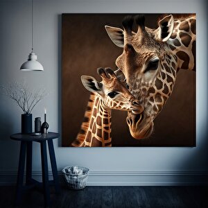 Anne Ve Yavru Zürafa Kanvas Sanatı; Sevimli Hayvan Tablosu 60x60 cm