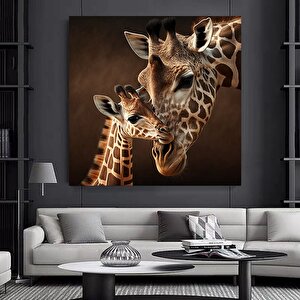 Anne Ve Yavru Zürafa Kanvas Sanatı; Sevimli Hayvan Tablosu 30x30 cm