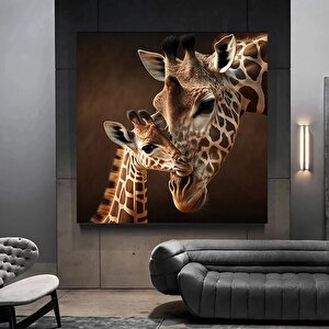 Anne Ve Yavru Zürafa Kanvas Sanatı; Sevimli Hayvan Tablosu 30x30 cm