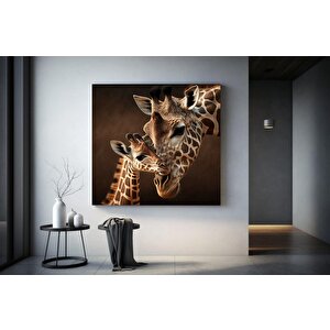 Anne Ve Yavru Zürafa Kanvas Sanatı; Sevimli Hayvan Tablosu