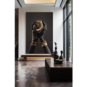 Afrikalı Kadın Kanvası, Altın Ve Siyah Renklerde Dikey Kadın Portresi, El Temalı Sanat 100x200 cm