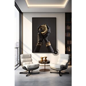 Afrikalı Kadın Kanvası, Altın Ve Siyah Renklerde Dikey Kadın Portresi, El Temalı Sanat