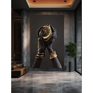 Afrikalı Kadın Kanvası, Altın Ve Siyah Renklerde Dikey Kadın Portresi, El Temalı Sanat