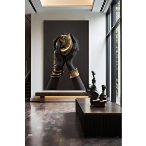 Afrikalı Kadın Kanvası, Altın Ve Siyah Renklerde Dikey Kadın Portresi, El Temalı Sanat 30x40 cm