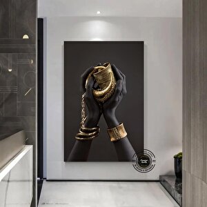 Afrikalı Kadın Kanvası, Altın Ve Siyah Renklerde Dikey Kadın Portresi, El Temalı Sanat