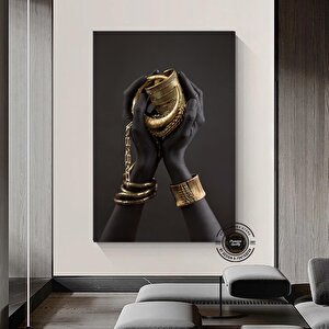 Afrikalı Kadın Kanvası, Altın Ve Siyah Renklerde Dikey Kadın Portresi, El Temalı Sanat 70x150 cm