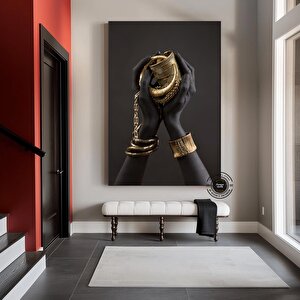 Afrikalı Kadın Kanvası, Altın Ve Siyah Renklerde Dikey Kadın Portresi, El Temalı Sanat 70x150 cm