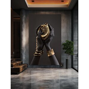 Afrikalı Kadın Kanvası, Altın Ve Siyah Renklerde Dikey Kadın Portresi, El Temalı Sanat