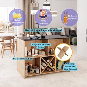 Monet G4041 3 Adet Siyah Bar Tabureli Mutfak Adası Sepet Gövde Lotus Üst Şaraplıklı Çok Amaçlı Masa