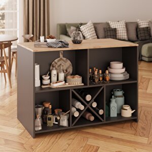 Monet G4022 3 Adet Bar Tabureli Mutfak Adası Antrasit Gövde Sepet Üst Şaraplıklı Çok Amaçlı Dolap