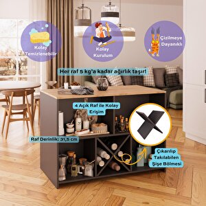 Monet G4022 3 Adet Bar Tabureli Mutfak Adası Antrasit Gövde Sepet Üst Şaraplıklı Çok Amaçlı Dolap