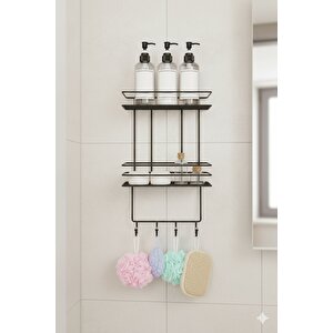 2 Katlı Siyah Kancalı Banyo Duş Rafı, Şampuanlık, Lif/kese Askılı, Paslanmaz Metal, Banyo Düzenleyici - (tş-02)