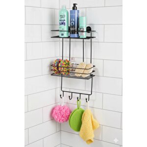 2 Katlı Siyah Kancalı Banyo Duş Rafı, Şampuanlık, Lif/kese Askılı, Paslanmaz Metal, Banyo Düzenleyici - (tş-02)